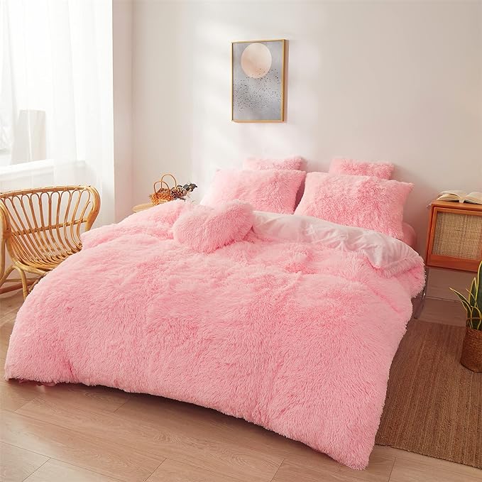 Fluffy Faux Fur Pink Comforter Cover Set Queen - Ultra Soft Plush Pink Bedding Sets 3 Pieces (1 fluffy duvet cover + 2 Faux Fur Pillow case) Cute Pink Bed Set (Light Pink, Queen) - LeafyLoom
