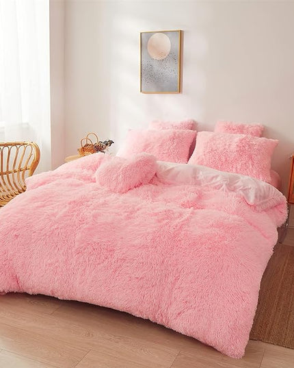 FOPPA pink fluffy Comforter Cover Set king- Ultra Soft fluffy Pink Bedding Sets 3 Pieces (1 Duvet Cover + 2 Pillow case) pink fluffy bed set (Light Pink, King) - LeafyLoom