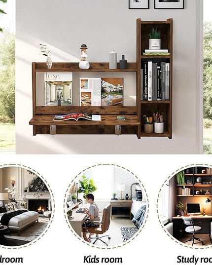 Pmnianhua Farmhouse Floating Desk,41''Wall Mounted Desk,L Shaped Folding Table,Fold Down Laptop Computer Table with Storage for Wall Bedroom Small Space (Rustic Brown-Right) - LeafyLoom