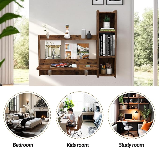 Pmnianhua Farmhouse Floating Desk,41''Wall Mounted Desk,L Shaped Folding Table,Fold Down Laptop Computer Table with Storage for Wall Bedroom Small Space (Rustic Brown-Right) - LeafyLoom