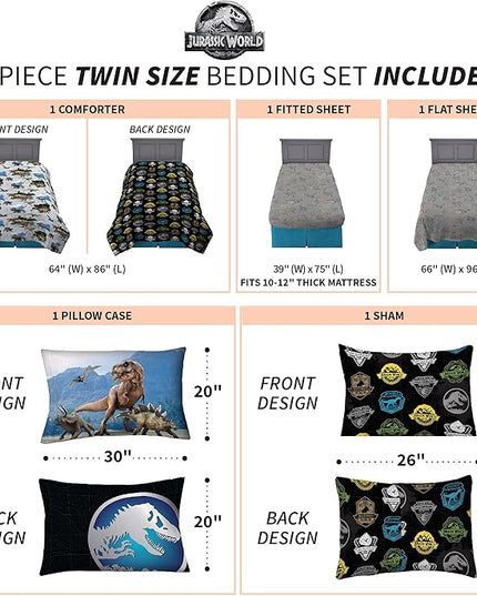 Franco Kids Bedding Super Soft Comforter and Sheet Set with Sham, 5 Piece Twin Size, Jurassic World,6A1348 - LeafyLoom