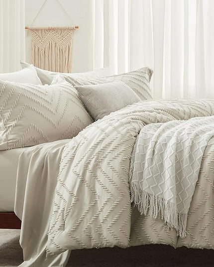 Anluoer Full Comforter Set, Oatmeal Tufted Bed in a Bag 7 Pieces with comforters and sheets, All Season Bedding Sets with 1 Comforter, 2 PillowShams, 2 Pillowcases, 1 Flat Sheet, 1 Fitted Sheet - LeafyLoom