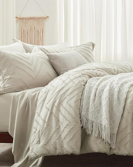 Anluoer Twin Comforter Set, Oatmeal Tufted Bed in a Bag 5 Pieces with comforters and sheets, All Season Bedding Sets with 1 Comforter, 1 PillowShams, 1 Pillowcases, 1 Flat Sheet, 1 Fitted Sheet - LeafyLoom