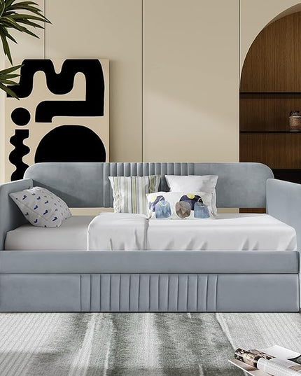 Upholstered Twin Size Daybed with Trundle, Backrest and Armrests, Modern Velvet Day Bed Frame for Bedroom Guestroom Living Room, Wood Slats Support, Gray - LeafyLoom