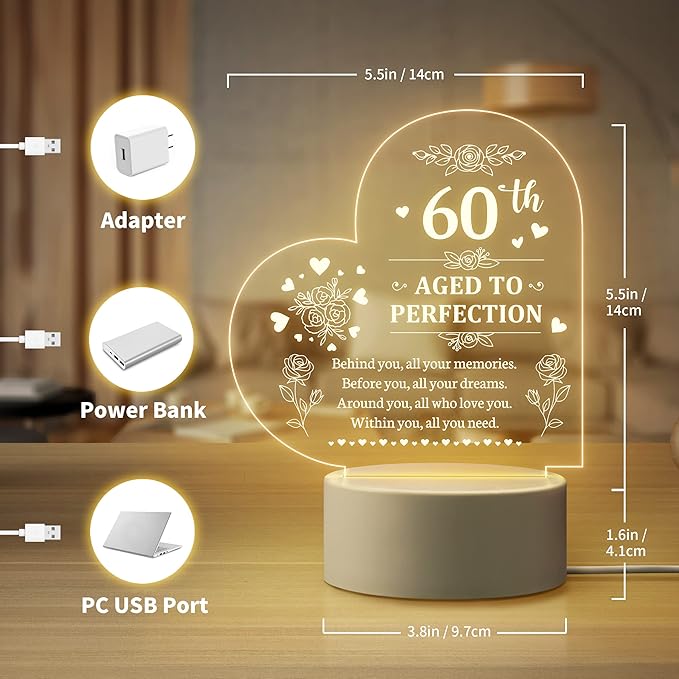 60th Birthday Gifts for Women, 60th Birthday Decorations for Woman -Night Light, 60 Year Old Gifts for Women, Gifts for Women Turning 60, 60th Birthday Gift Ideas - LeafyLoom