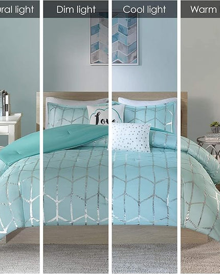Intelligent Design Raina Full / Queen Comforter Set, Soft Microfiber Comforter Set Queen, Modern Geometric Metallic Bed Set, 5 Pieces College Bedding Comforter Set with 2 Shams, 2 Toss Pillows Aqua - LeafyLoom