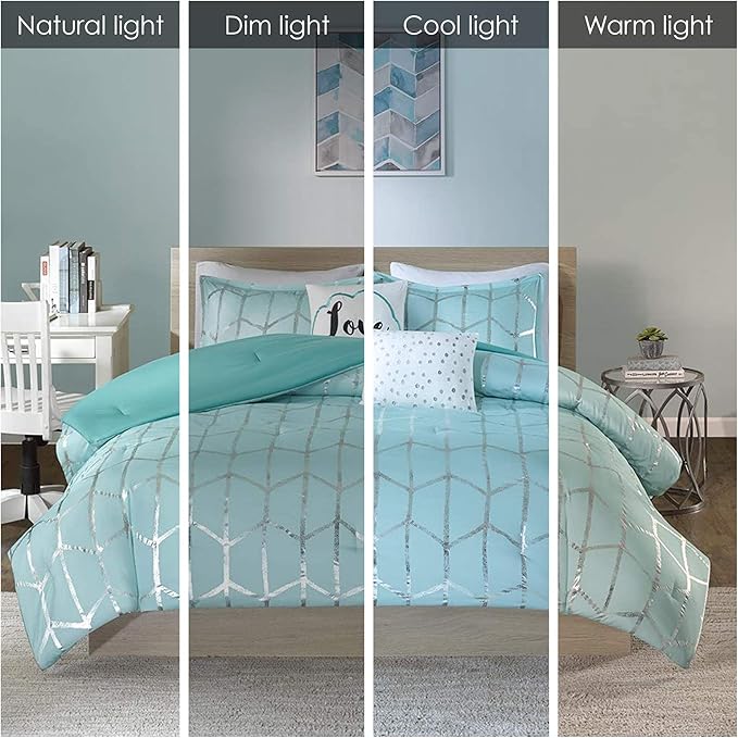 Intelligent Design Raina Full / Queen Comforter Set, Soft Microfiber Comforter Set Queen, Modern Geometric Metallic Bed Set, 5 Pieces College Bedding Comforter Set with 2 Shams, 2 Toss Pillows Aqua - LeafyLoom