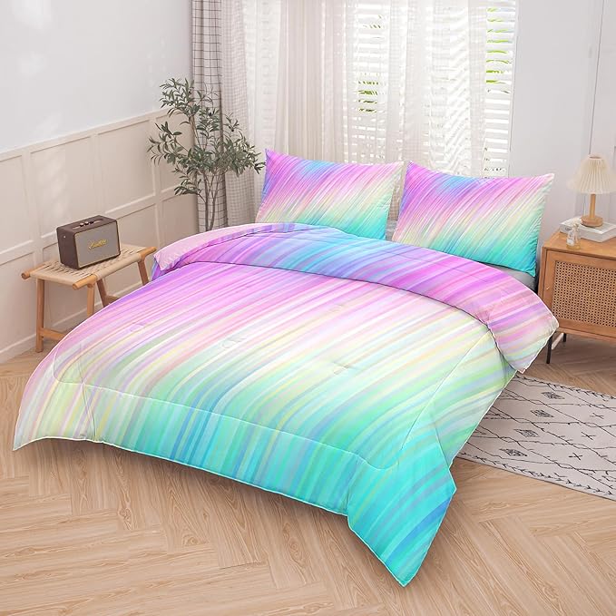 Bodhi pink queen comforter set,comforter set for girls,tie dye bedding set for kids,kids girls bedding sets,queen comforter sets for girls,3PCS rainbow bedding set with pillowcase - LeafyLoom