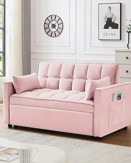 55" 3 in 1 Convertible Loveseat Futon Sofa Couch of Mordern Velvet w/Pullout Bed, Small Love Seat Lounge Sleeper w/Reclining Backrest, Toss Pillows, Pockets, Furniture for Living Room Bed - LeafyLoom
