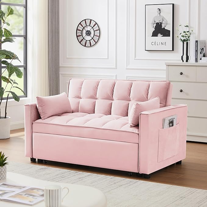 55" 3 in 1 Convertible Loveseat Futon Sofa Couch of Mordern Velvet w/Pullout Bed, Small Love Seat Lounge Sleeper w/Reclining Backrest, Toss Pillows, Pockets, Furniture for Living Room Bed - LeafyLoom