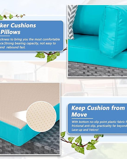 Shintenchi 5 Pieces Outdoor Patio Sectional Sofa Couch, Silver Gray PE Wicker Furniture Conversation Sets with Washable Cushions & Glass Coffee Table for Garden, Poolside, Backyard (Blue) - LeafyLoom