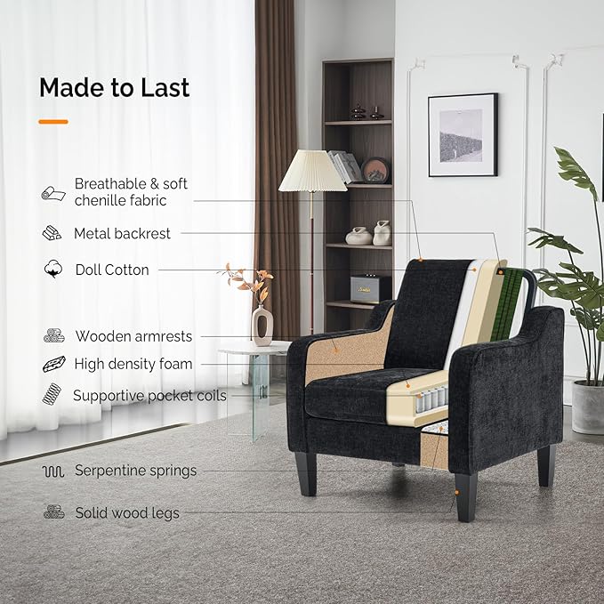 VINGLI Accent Chairs for Living Room Chairs Reading Chair Mid Century Modern Chair Soft Chenille Sofa Chair Upholstered Arm Chair Comfy Chair Side Chair (Black Chenille) - LeafyLoom