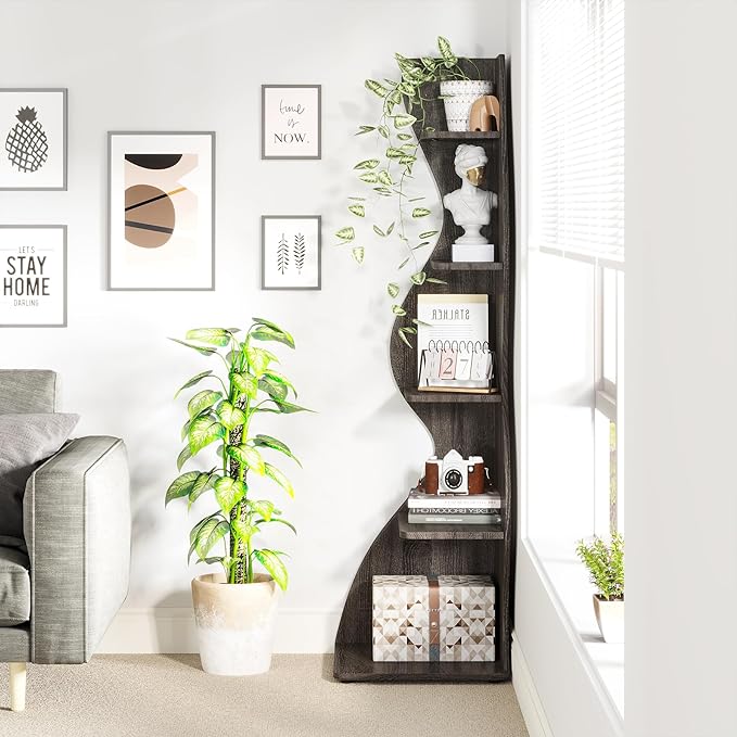 Small Corner Shelf, Modern 5-Tier Wall Corner Bookshelf, Stylish Bookcase Storage Rack for Small Space,Living Room. Bedroom - LeafyLoom