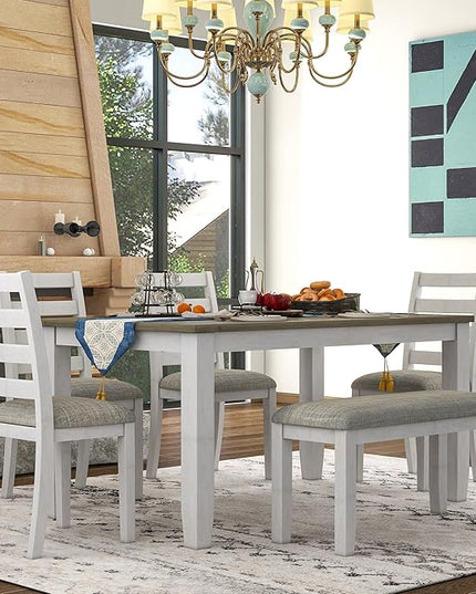 RITSU Rustic Style 6-Piece Dining Table Living Room,with 4 Upholstered Chairs,farmhouse or coastal chic decor Furniture Set,a Bench,Brown and Whitewash, Onesize - LeafyLoom