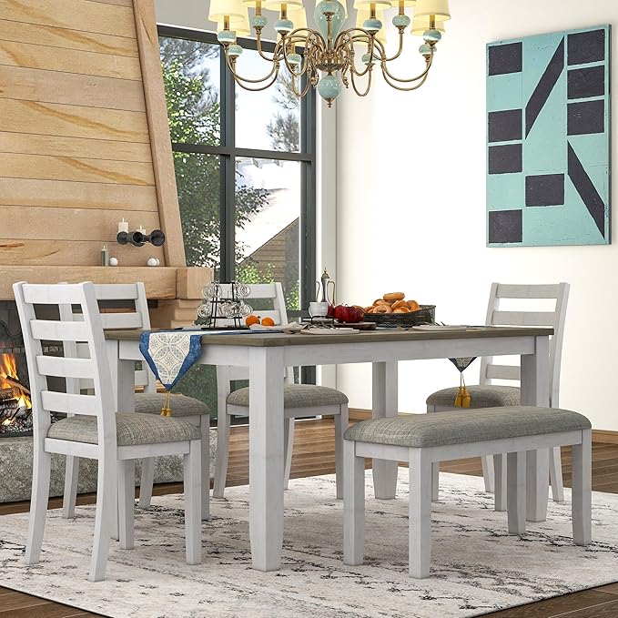 RITSU Rustic Style 6-Piece Dining Table Living Room,with 4 Upholstered Chairs,farmhouse or coastal chic decor Furniture Set,a Bench,Brown and Whitewash, Onesize - LeafyLoom