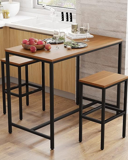 Yongchuang 3 Piece Bar Table Set, Bar Table and Chairs Set of 2, Modern Counter Height Table with 2 Stools for Kitchen, Dining Room, Living Room Breakfast Table Industrial Brown Wood Top - LeafyLoom