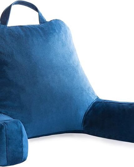 LINENSPA Reading Pillow with Shredded Memory Foam- Back Pillow for Sitting in Bed, Reading, Gaming, Watching TV – Bed Chair Pillow with Arms, Dorm Room Essentials, Navy - LeafyLoom