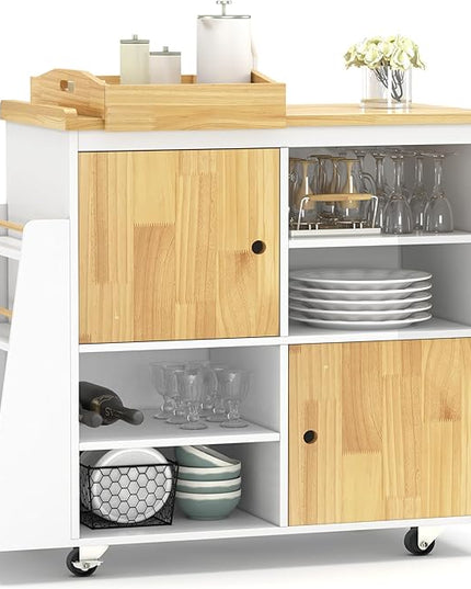 NSdirect Kitchen Island with Storage,Rolling Kitchen Island on Wheels Portable cart Rolling with Spice Racks Towel Holder Utility Trolley with Wood Tray for Home Hotel Kitchen Dinning Room,White - LeafyLoom