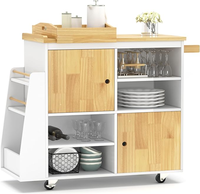 NSdirect Kitchen Island with Storage,Rolling Kitchen Island on Wheels Portable cart Rolling with Spice Racks Towel Holder Utility Trolley with Wood Tray for Home Hotel Kitchen Dinning Room,White - LeafyLoom