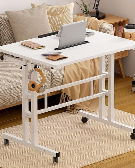 SDHYL 31.5 inches Movable Laptop Desk with Mouse Board Adjustable Height and Angle Anti-Slip Workstation Home Office Desk with Tablet Slot Portable Student Desk, White with Hook - LeafyLoom