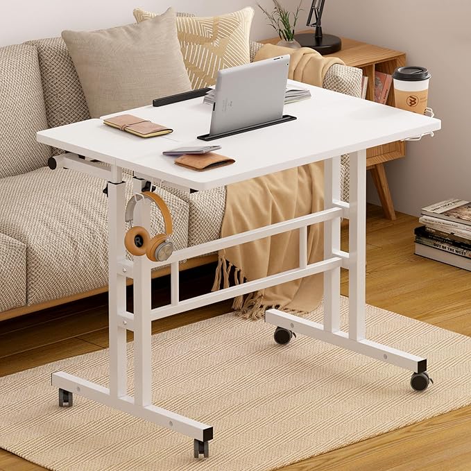 SDHYL 31.5 inches Movable Laptop Desk with Mouse Board Adjustable Height and Angle Anti-Slip Workstation Home Office Desk with Tablet Slot Portable Student Desk, White with Hook - LeafyLoom