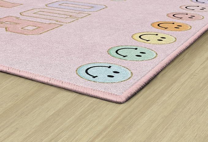 Flagship Carpets Schoolgirl Style This is Our Happy Place on Pink Educational Area Rug for Kids Room Seating Décor, Children's Classroom, Play Carpet for Teaching and Playroom, 5' x 7'6" - LeafyLoom