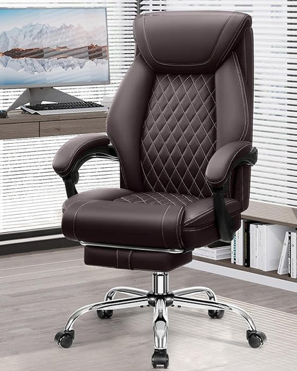 Office Chair, Executive Leather Chair Adjustable High Back, Ergonomic Computer Desk Chair Lumbar Support, Big and Tall Office Chair with Footrest, Comfy Reclining Chair for Home Office - LeafyLoom