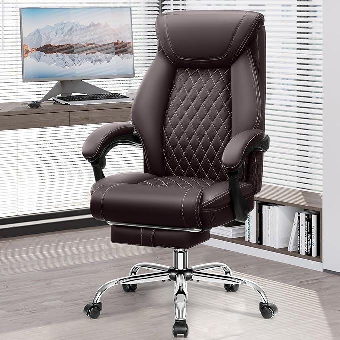 Office Chair, Executive Leather Chair Adjustable High Back, Ergonomic Computer Desk Chair Lumbar Support, Big and Tall Office Chair with Footrest, Comfy Reclining Chair for Home Office - LeafyLoom