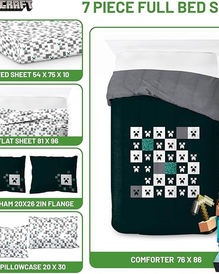 Minecraft Creeper Full Comforter Set - 7 Piece Gamer Bedding includes Sheet Set & Pillow Covers - Super Soft Checkered Kids Bedding - LeafyLoom