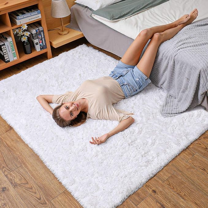 Ophanie White Rugs for Bedroom Fluffy, Machine Washable Shaggy Soft Area Rug, Non-Slip Indoor Floor Carpet for Living Room, Kids Baby Girls Teen Dorm Home Decor Aesthetic, Nursery, 4 x 6 Feet - LeafyLoom