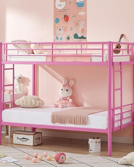 VECELO Metal Bunk Bed Twin Over Twin, Industrial Bunkbeds with Ladder and Full-Length Guardrail, Noise Free, No Boxing Spring Needed, Pink - LeafyLoom
