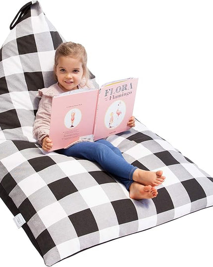 Stuffed Animal Bean Bag Storage - Machine Washable Bean Bag Chair for Kids - Extra Large Cover for Stuffing with Plush Toys, Pillows, Soft Items - Stuffed Animal Holder for Boys & Girls - Gingham - LeafyLoom