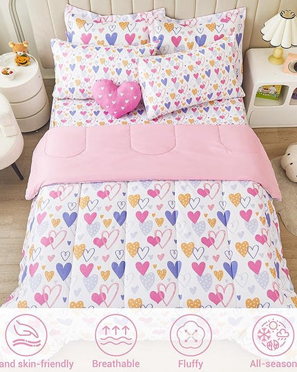 Mooreeke Full Size Comforter Sets for Girls Kids, 8 Pieces Bed in a Bag Pink Heart Bedding Comforter Sheet Set with Shams and Decorative Toy Pillow, Ultral Soft Microfiber Kids Bed Set - LeafyLoom