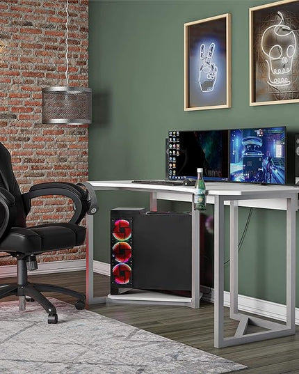 Quest Gaming Desk with CPU Stand, White - LeafyLoom