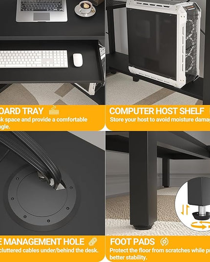 Cyclysio Small Corner Desk with Hutch, Corner Gaming Desk with LED Light & Power Outlets, Computer Desk with Keyboard Tray, Triangel Desk for Small Space, Home Office, Workstation, Black - LeafyLoom