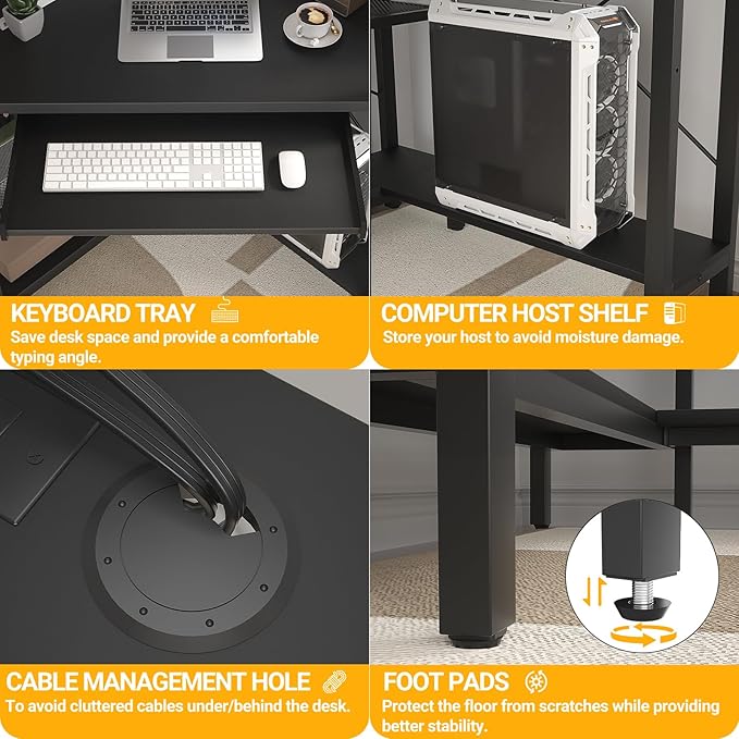 Cyclysio Small Corner Desk with Hutch, Corner Gaming Desk with LED Light & Power Outlets, Computer Desk with Keyboard Tray, Triangel Desk for Small Space, Home Office, Workstation, Black - LeafyLoom