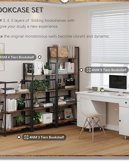 4NM No-Assembly Folding Bookshelf Storage Shelves 4 Tiers Vintage Bookcase Standing Racks Study Organizer Home Office (Rustic Brown and Black) - LeafyLoom
