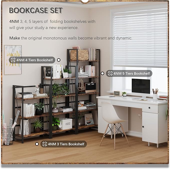 4NM No-Assembly Folding Bookshelf Storage Shelves 4 Tiers Vintage Bookcase Standing Racks Study Organizer Home Office (Rustic Brown and Black) - LeafyLoom