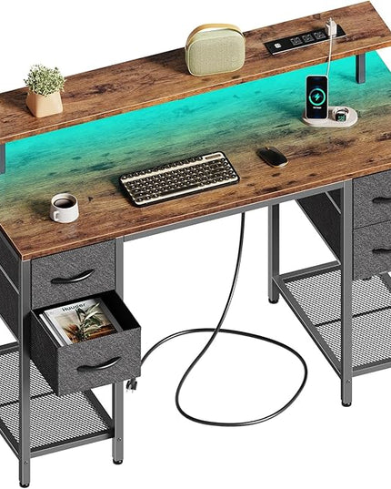 47 inch Computer Desk with 4 Drawers, Gaming Desk with LED Lights & Power Outlets, Home Office Desk with Large Storage Space for Bedroom, Work from Home, Rustic Brown - LeafyLoom