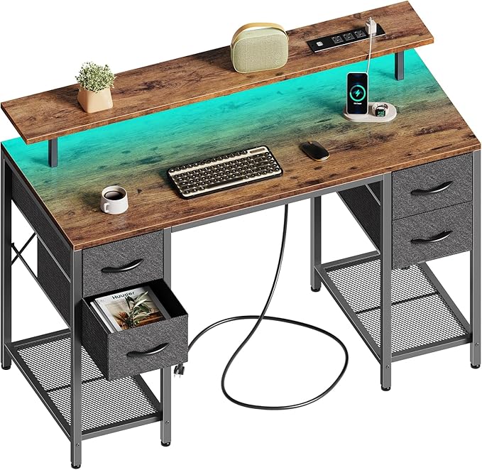 47 inch Computer Desk with 4 Drawers, Gaming Desk with LED Lights & Power Outlets, Home Office Desk with Large Storage Space for Bedroom, Work from Home, Rustic Brown - LeafyLoom