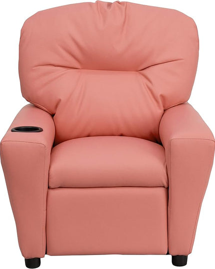 Flash Furniture Chandler Vinyl Kids Recliner with Cup Holder and Safety Recline, Contemporary Reclining Chair for Kids, Supports up to 90 lbs., Pink - LeafyLoom
