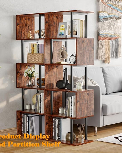 Furologee 6-Tier Bookshelf, Tall S-Shaped Geometric Bookcase, Industrial Freestanding Display Shelf Unit, Wood and Metal Decorative Room Divider for Living Room Bedroom, Home Office, Rustic Brown - LeafyLoom