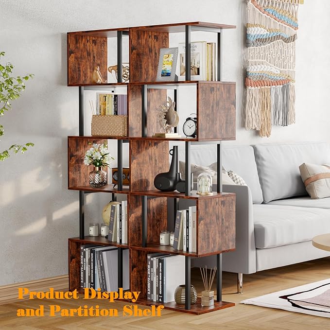 Furologee 6-Tier Bookshelf, Tall S-Shaped Geometric Bookcase, Industrial Freestanding Display Shelf Unit, Wood and Metal Decorative Room Divider for Living Room Bedroom, Home Office, Rustic Brown - LeafyLoom