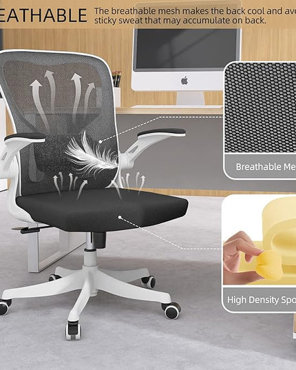 Office Chair - Ergonomic Office Chair with Lumbar Support & Flip Up Arms Home Office Desk Chairs Rockable High Back Swivel Computer Chair White Frame & Black Mesh Study Chair - LeafyLoom
