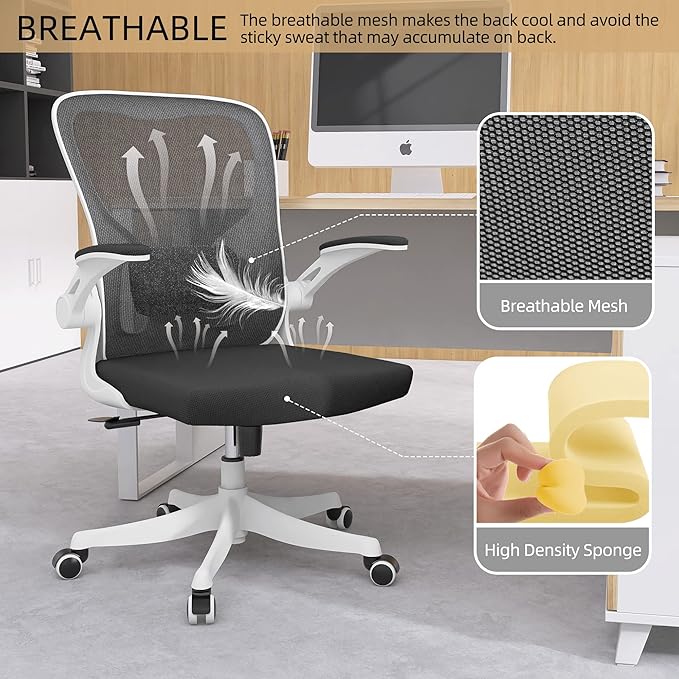 Office Chair - Ergonomic Office Chair with Lumbar Support & Flip Up Arms Home Office Desk Chairs Rockable High Back Swivel Computer Chair White Frame & Black Mesh Study Chair - LeafyLoom