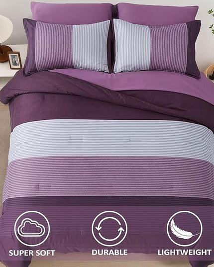 WONGS BEDDING Purple Comforter Set Twin, Revsible Purple Grey Striped Down Alternative Comforter for Twin Bed,2 Pieces (1 Comforter+1 Pillowcase), Soft Microfiber Bedding Duvet Insert 68”×86” - LeafyLoom