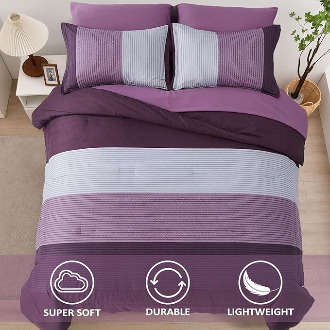 WONGS BEDDING Purple Comforter Set Twin, Revsible Purple Grey Striped Down Alternative Comforter for Twin Bed,2 Pieces (1 Comforter+1 Pillowcase), Soft Microfiber Bedding Duvet Insert 68”×86” - LeafyLoom