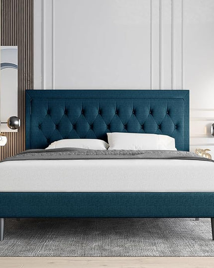 Allewie Queen Size Bed Frame Upholstered Platform Bed with Adjustable Headboard, Button Tufted, Wood Slat Support, Easy Assembly, Blue - LeafyLoom
