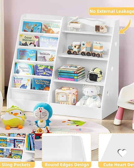Lerliuo 4 Tier Kids Bookshelf and Storage Organizer, Five Layer Sling Children Bookcase, Baby Toddler Wooden Book Shelf, Display Cabinet for Playroom, Bedroom, Classroom, Nursery, School (White) - LeafyLoom