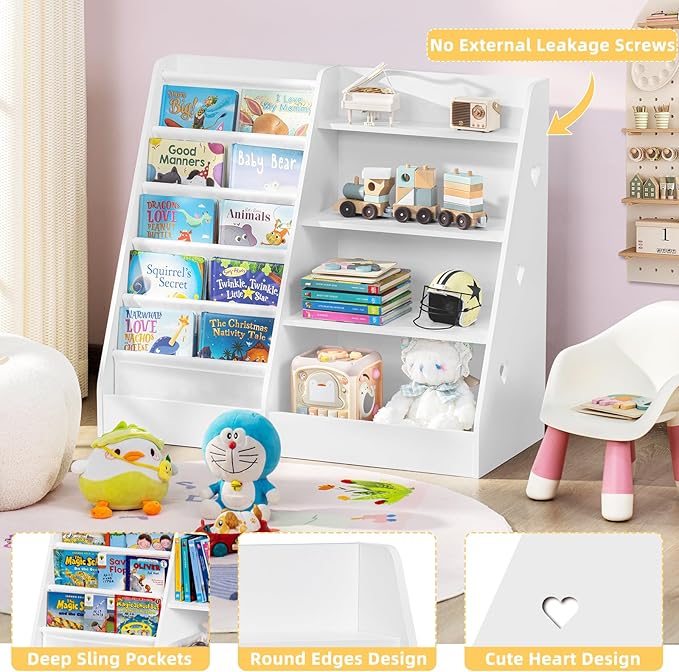 Lerliuo 4 Tier Kids Bookshelf and Storage Organizer, Five Layer Sling Children Bookcase, Baby Toddler Wooden Book Shelf, Display Cabinet for Playroom, Bedroom, Classroom, Nursery, School (White) - LeafyLoom